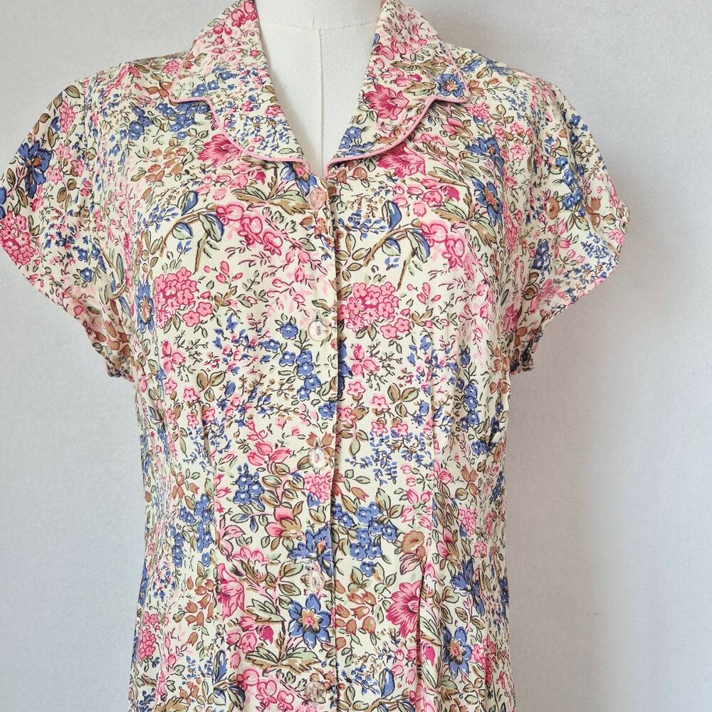 Vintage April Cornell Floral Rayon Chiffon Cottagecore Maxi Dress Cap-Sleeve - Picture 3 of 12